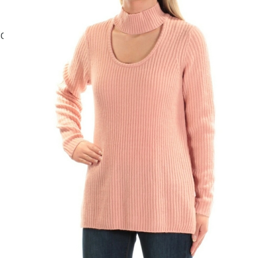 Kensie Sweater Medium Pink Ribbed Knit Choker Pullover New